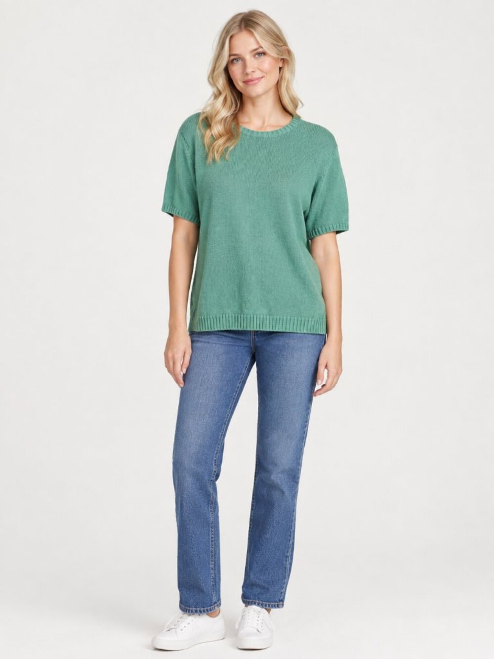 2/$30 Lands' End Ribbed Trim Short Sleeve Crew Neck Sweater Mint XL 18-20 #A4384